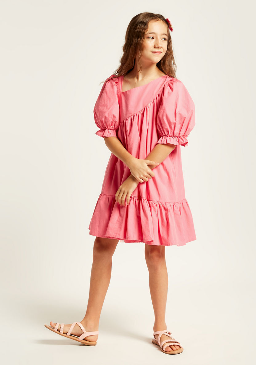 Juniors Solid Dress with Puff Sleeves and Flounce Hem-Dresses%2C Gowns and Frocks-image-0