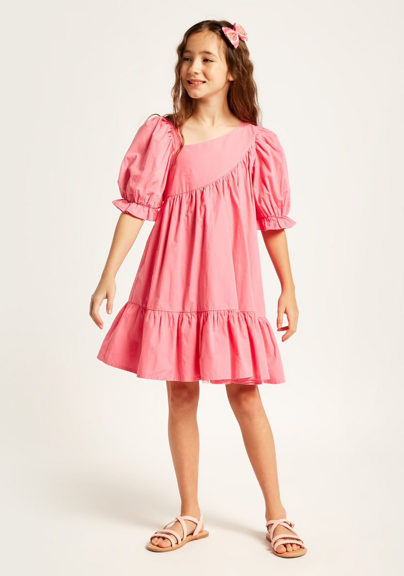 Juniors Solid Dress with Puff Sleeves and Flounce Hem-Dresses%2C Gowns and Frocks-image-1