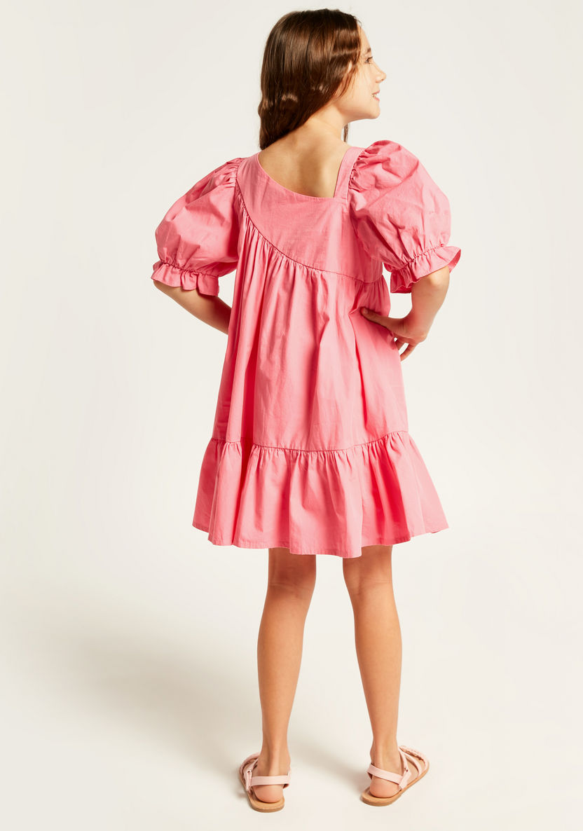 Juniors Solid Dress with Puff Sleeves and Flounce Hem-Dresses%2C Gowns and Frocks-image-3