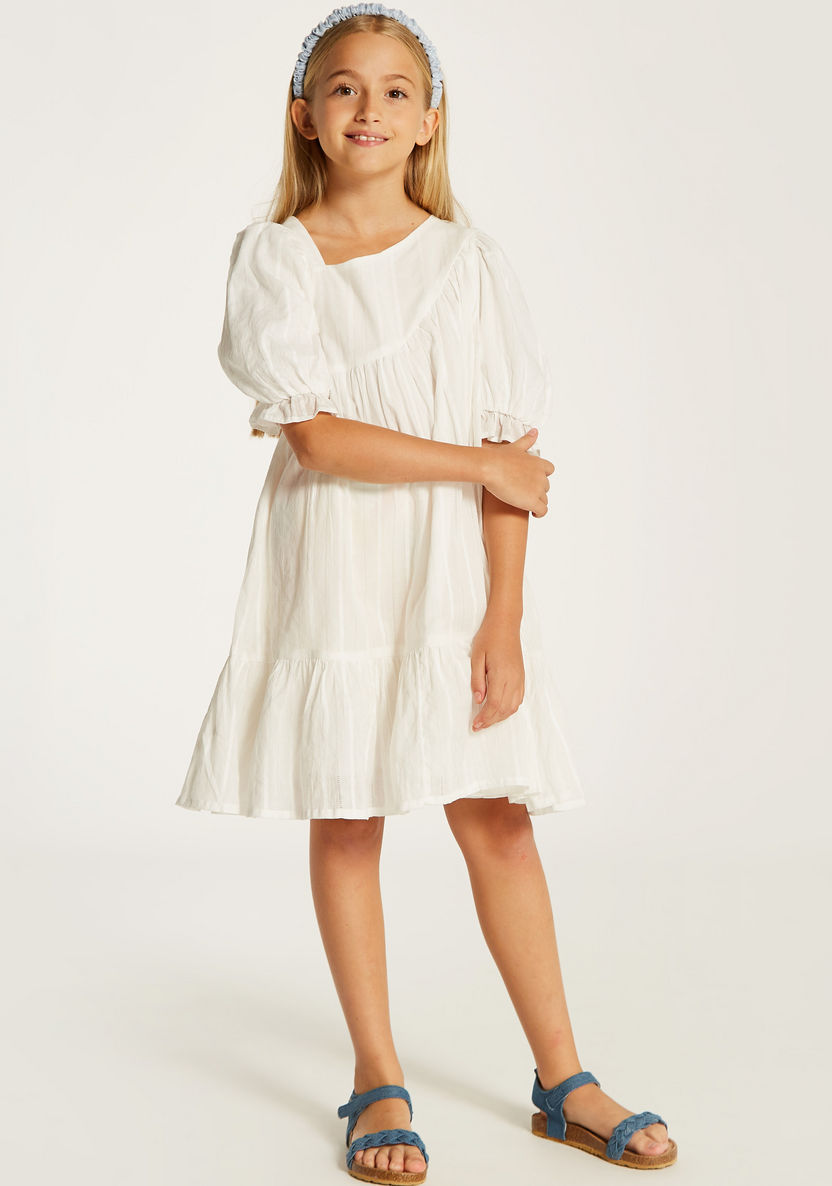 Juniors Striped Tiered Dress with Puff Sleeves and Asymmetric Neck-Dresses%2C Gowns and Frocks-image-1