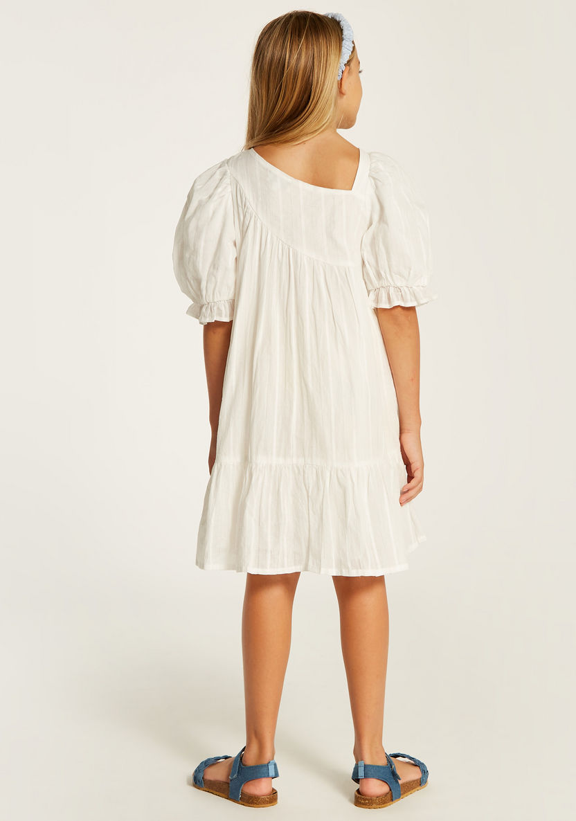 Juniors Striped Tiered Dress with Puff Sleeves and Asymmetric Neck-Dresses%2C Gowns and Frocks-image-4