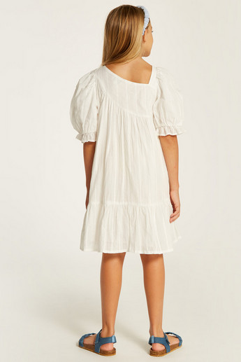 Juniors Striped Tiered Dress with Puff Sleeves and Asymmetric Neck