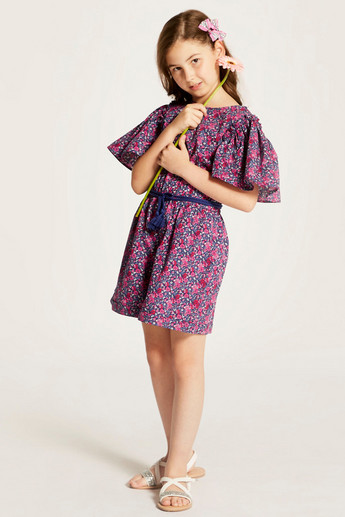 Juniors Printed Playsuit with Bell Sleeves and Tie-Ups