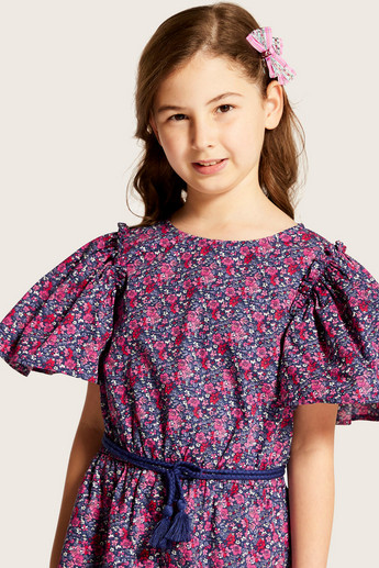 Juniors Printed Playsuit with Bell Sleeves and Tie-Ups