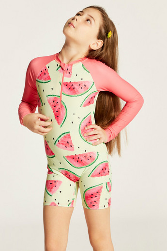 Juniors Watermelon Print Swimsuit with Long Sleeves