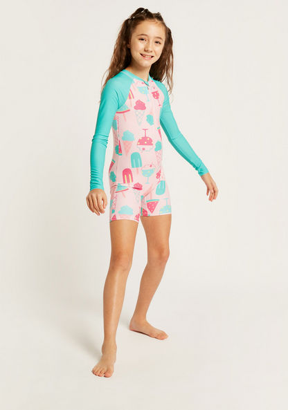 Juniors Printed Swimsuit with Long Sleeves and Zip Closure-Swimwear-image-0