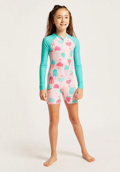 Juniors Printed Swimsuit with Long Sleeves and Zip Closure