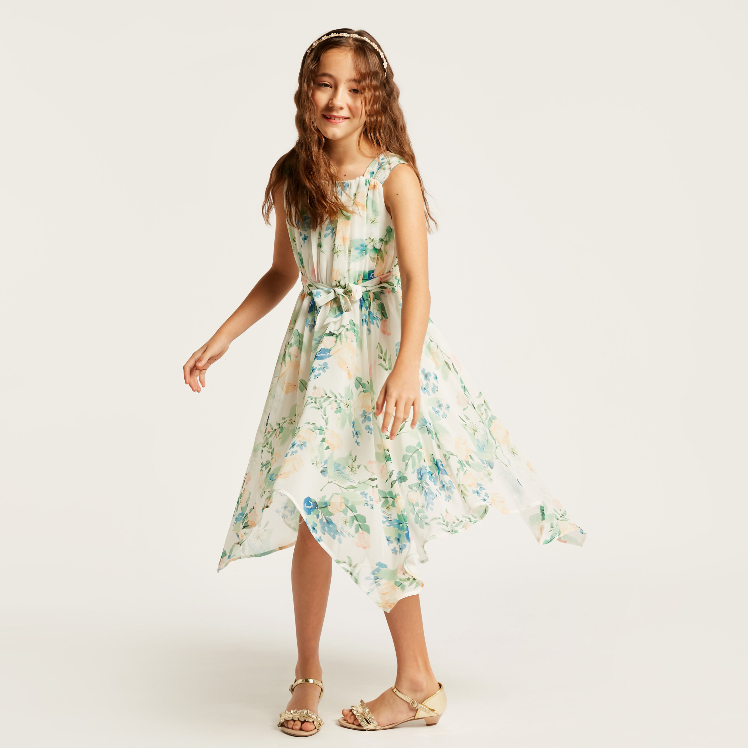 Buy Juniors Floral Print Sleeveless Dress with Round Neck and Tie Up Belt Online Mothercare Bahrain