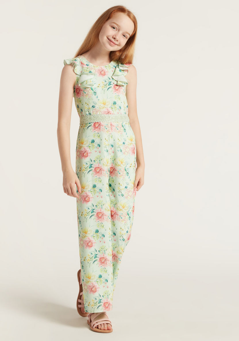 Juniors Floral Print Sleeveless Jumpsuit with Ruffle Detail-Rompers%2C Dungarees and Jumpsuits-image-1
