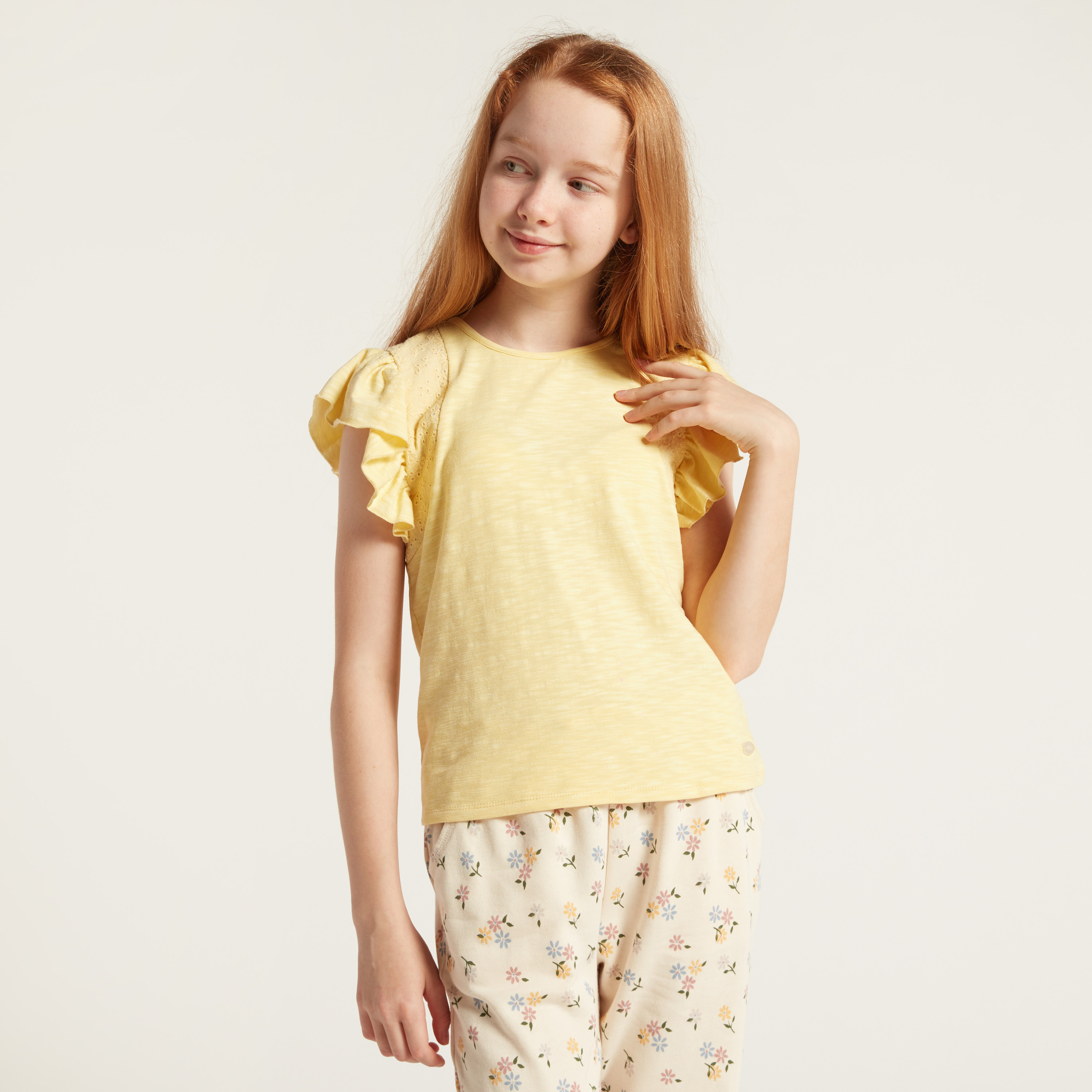 Eligo Solid T-Shirt with Cap Sleeves and Frill Detail-girls-clothing-schoolwear-tshirts-image-1