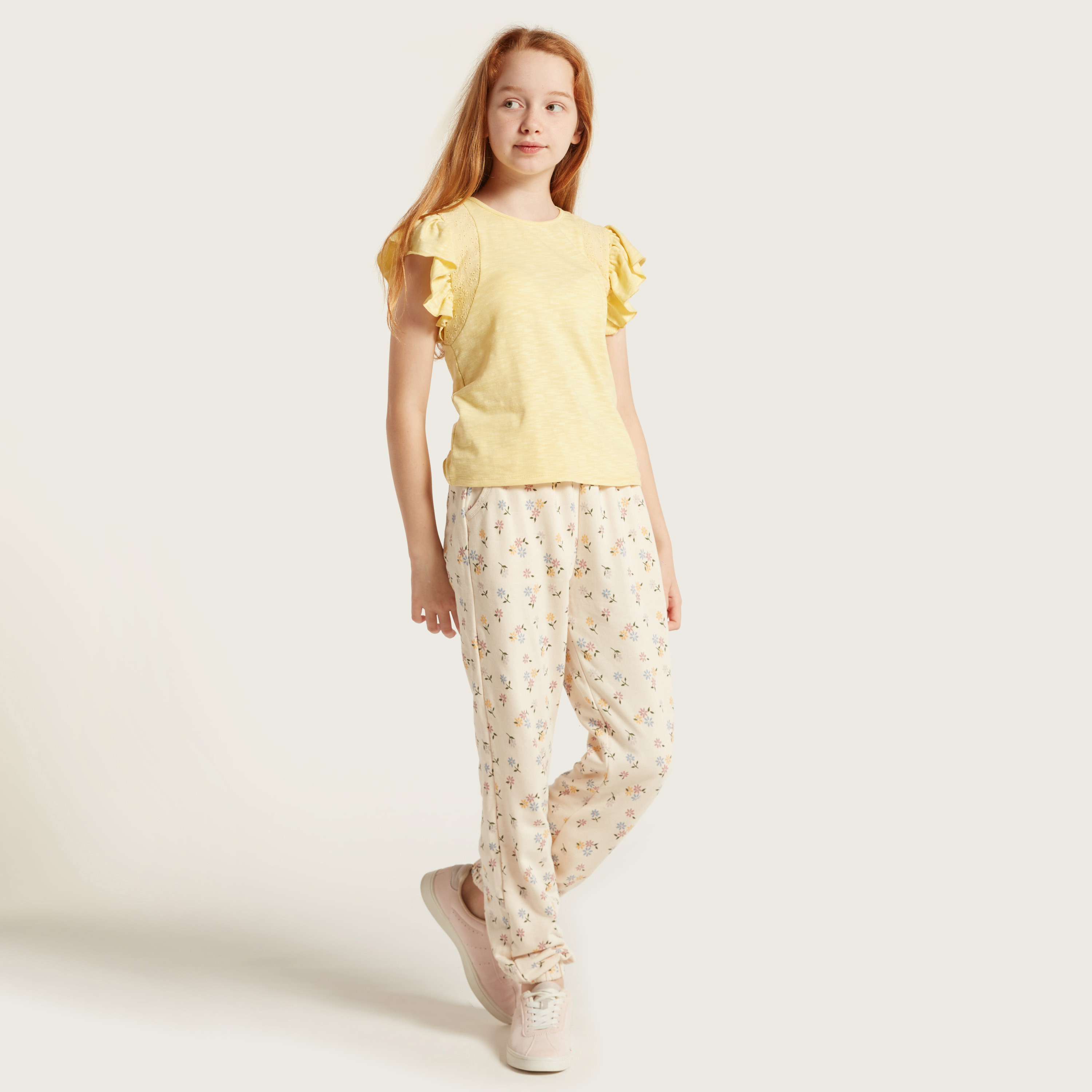 Eligo Solid T-Shirt with Cap Sleeves and Frill Detail-girls-clothing-schoolwear-tshirts-image-2