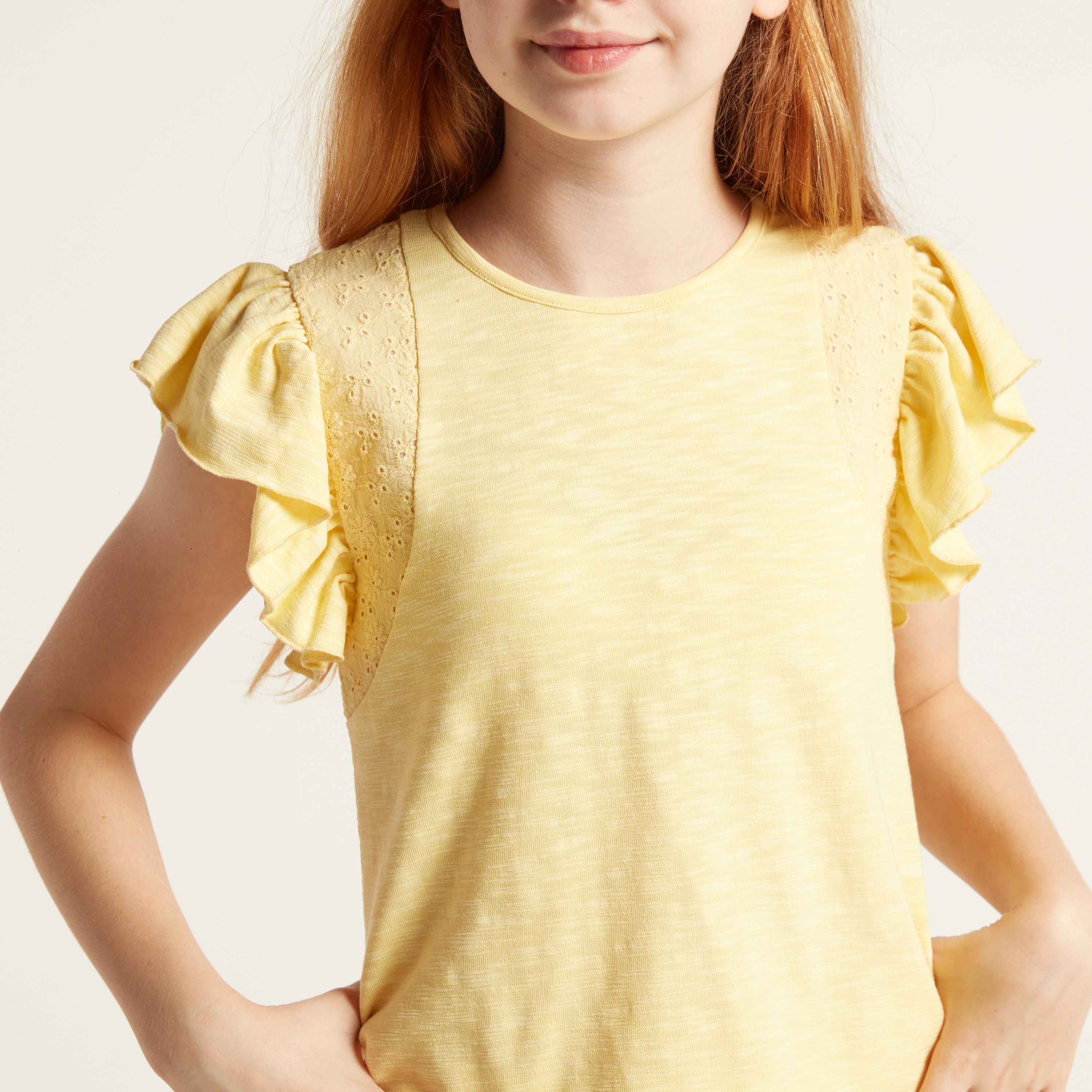 Eligo Solid T-Shirt with Cap Sleeves and Frill Detail-girls-clothing-schoolwear-tshirts-image-3