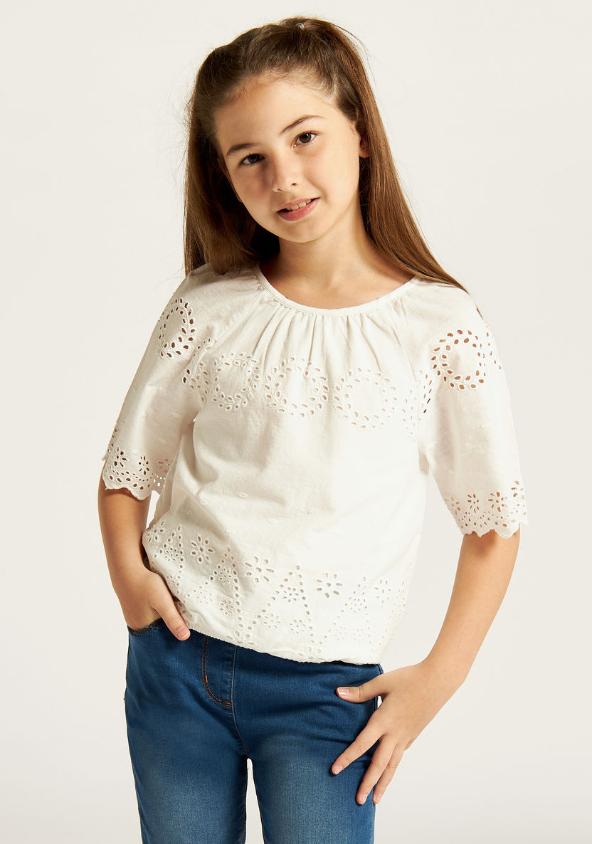 Solid Round Neck Top with Short Sleeves and Cutout Detail-Blouses-image-0
