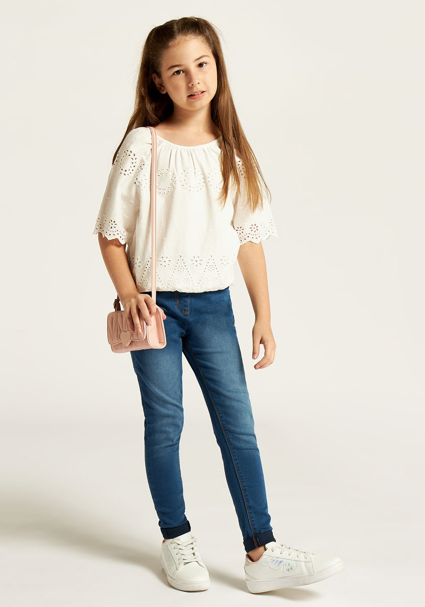 Solid Round Neck Top with Short Sleeves and Cutout Detail-Blouses-image-1