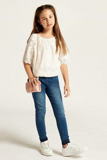 Solid Round Neck Top with Short Sleeves and Cutout Detail