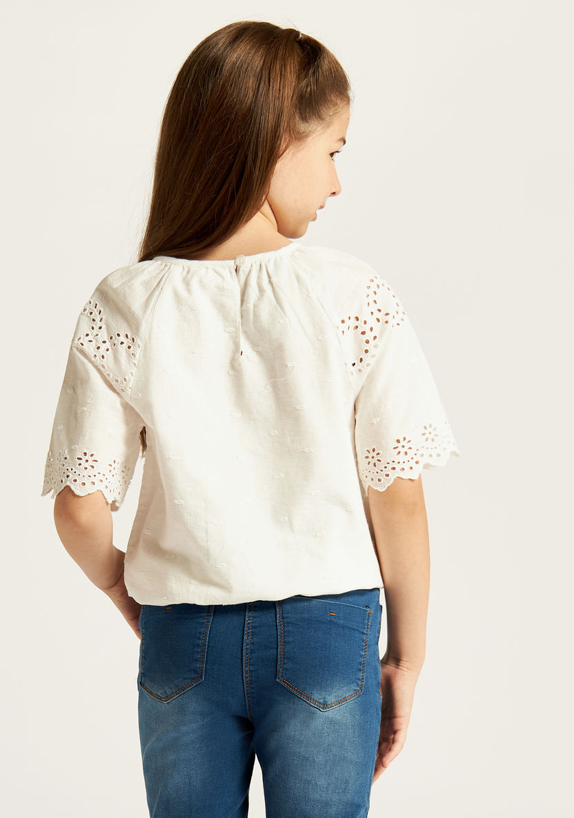 Solid Round Neck Top with Short Sleeves and Cutout Detail-Blouses-image-3