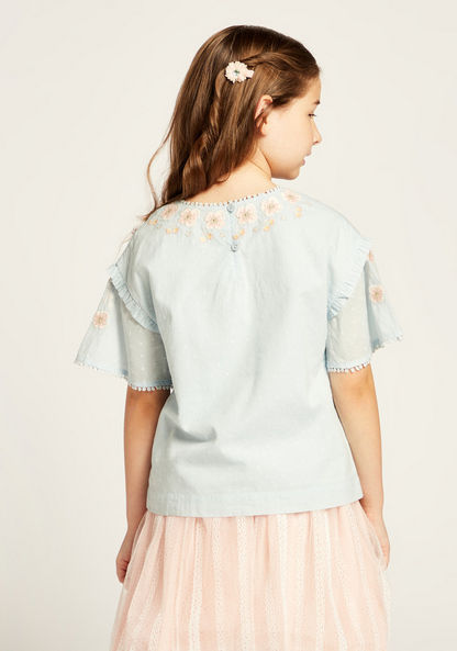 Eligo Embroidered Top with Round Neck and Button Closure