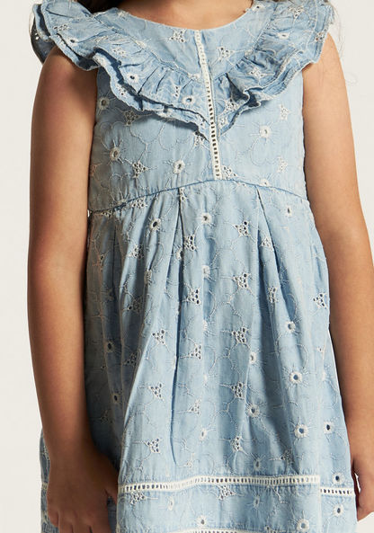Embroidered Sleeveless Dress with Ruffles and Lace Detail