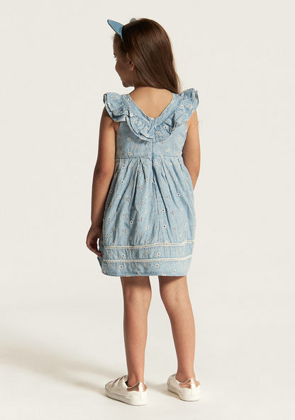 Embroidered Sleeveless Dress with Ruffles and Lace Detail