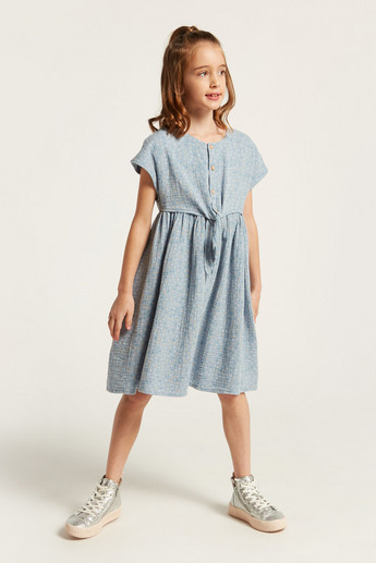 Eligo All-Over Print A-Line Dress with Cap Sleeves and Tie-Up