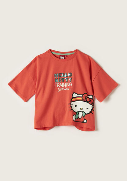 Sanrio Hello Kitty Print T-shirt with Round Neck and Short Sleeves