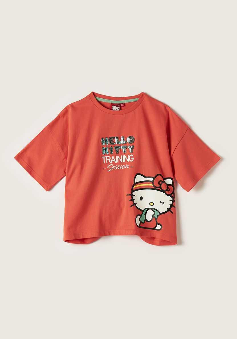 Sanrio Hello Kitty Print T-shirt with Round Neck and Short Sleeves-T Shirts-image-0
