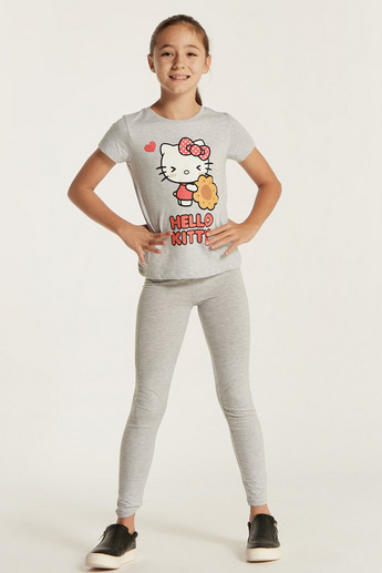 Sanrio Hello Kitty Print Round Neck T-shirt with Short Sleeves