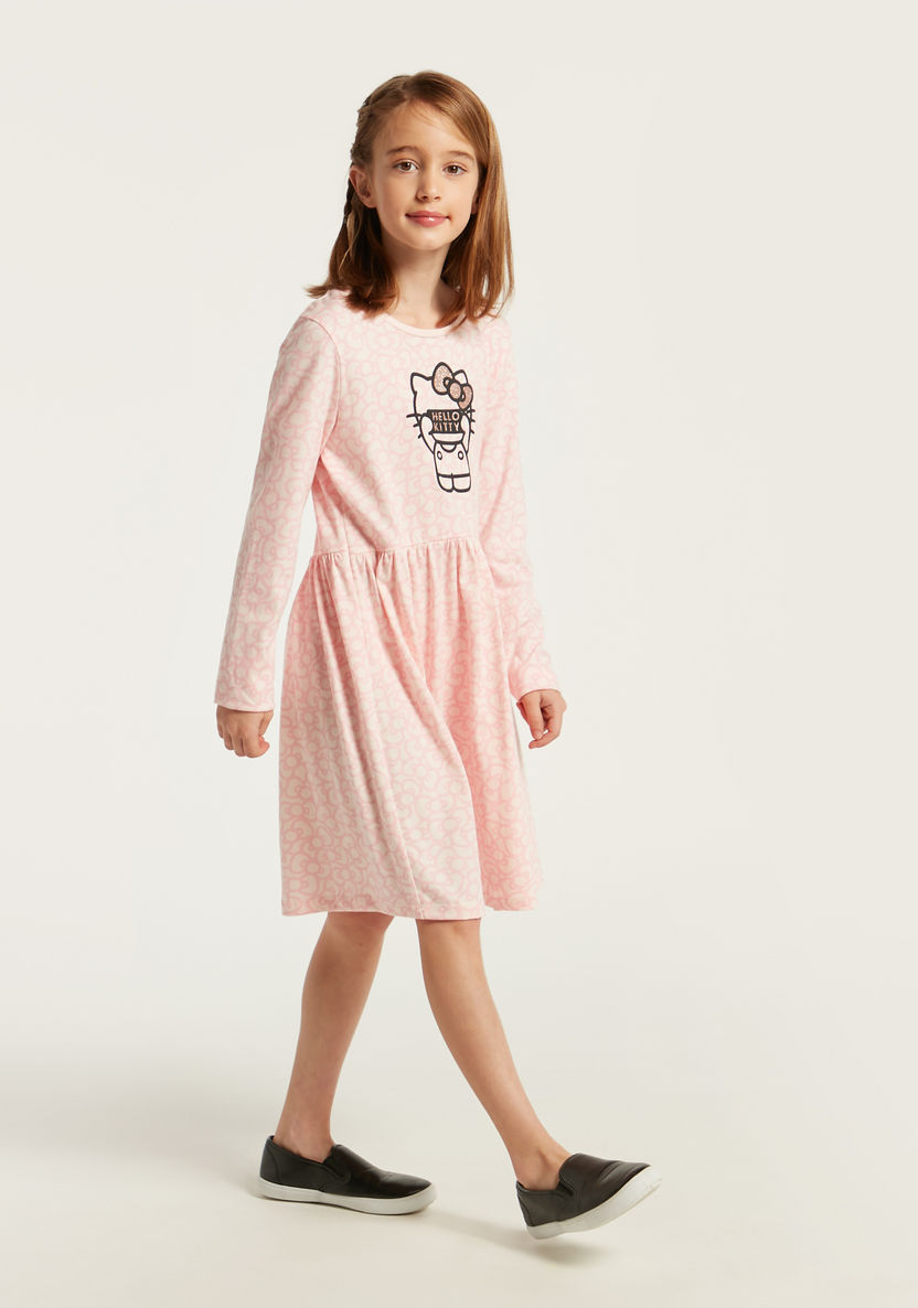 Sanrio Hello Kitty Print Drop Waist Dress with Long Sleeves-Dresses%2C Gowns and Frocks-image-0