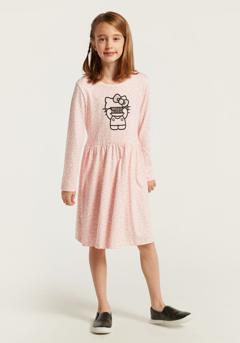 Sanrio Hello Kitty Print Drop Waist Dress with Long Sleeves-Dresses%2C Gowns and Frocks-image-2