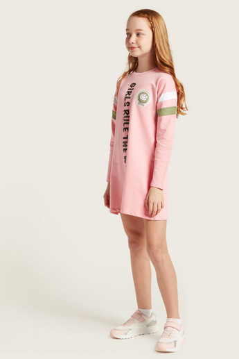 Sanrio Hello Kitty Print Dress with Round Neck and Long Sleeves