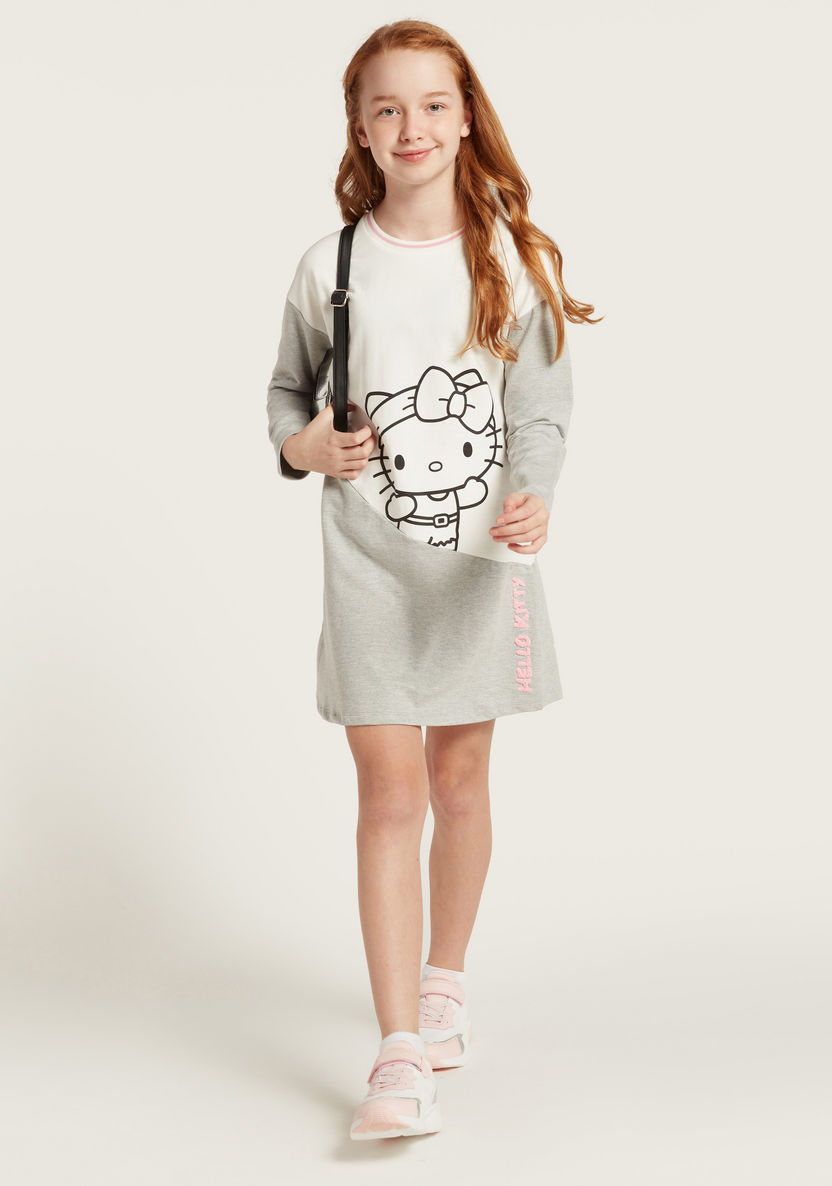 Sanrio Hello Kitty Print Round Neck Sweat Dress with Long Sleeves-Dresses, Gowns & Frocks-image-0