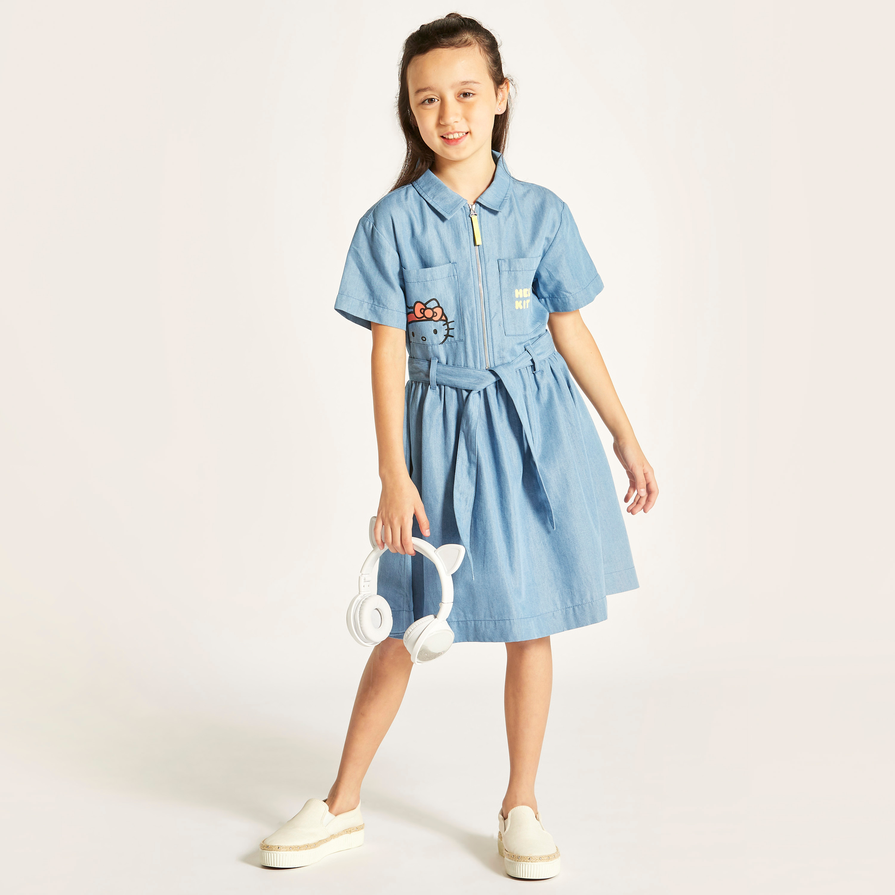 فستان قميص بحزام رباط وجيوب وطبعات هالو كيتي من سانريو-girls-clothing-dressesandjumpsuits-image-1