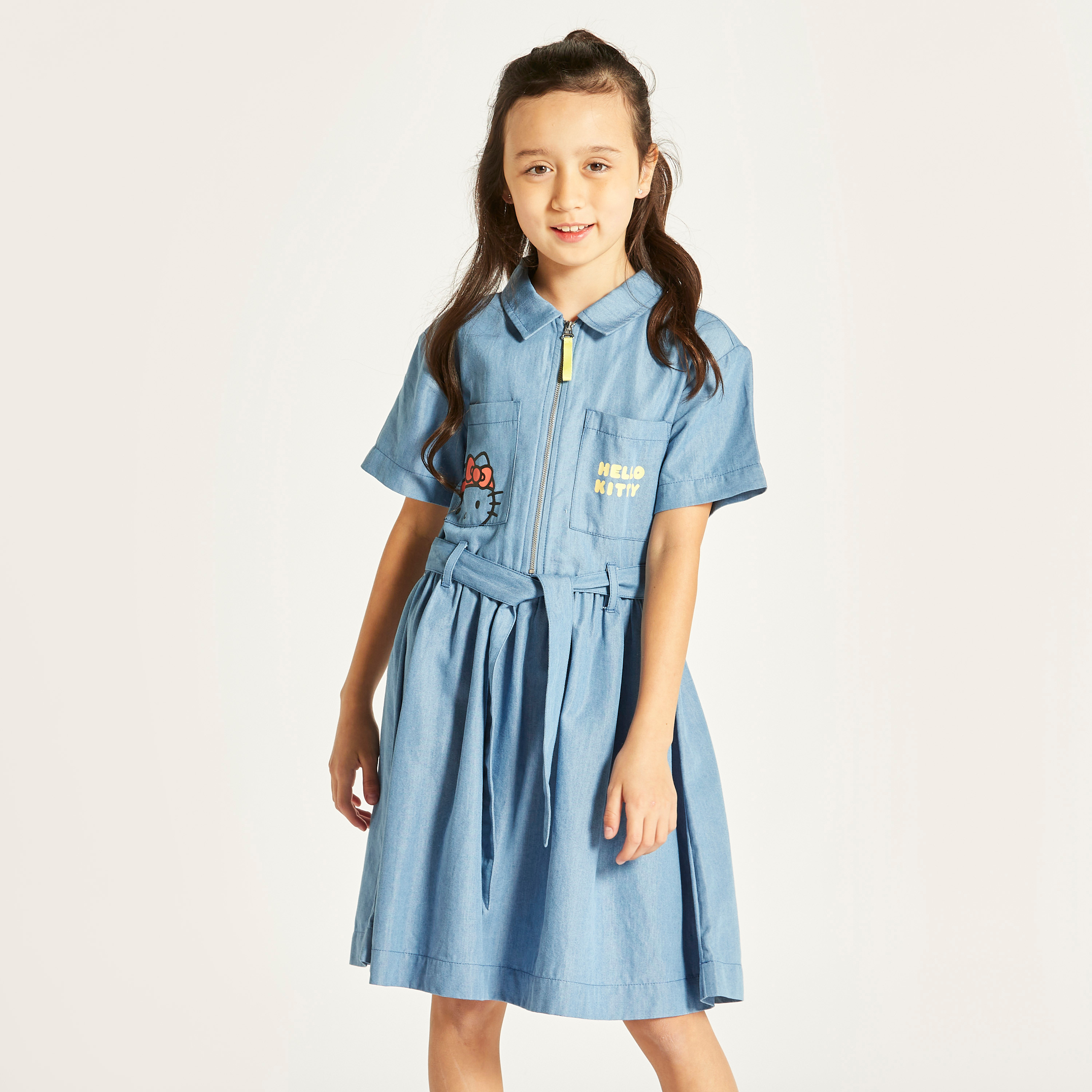 فستان قميص بحزام رباط وجيوب وطبعات هالو كيتي من سانريو-girls-clothing-dressesandjumpsuits-image-2