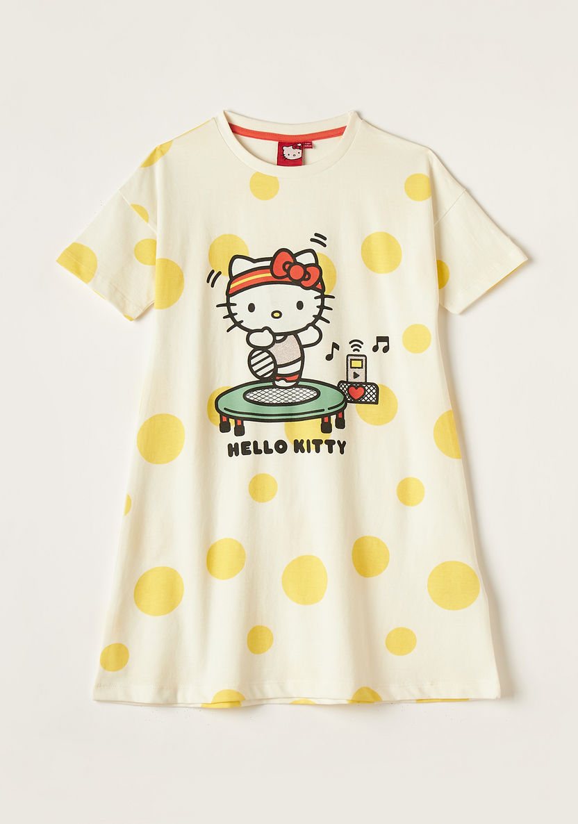 Sanrio Hello Kitty Print Dress with Round Neck and Short Sleeves-Dresses%2C Gowns and Frocks-image-0