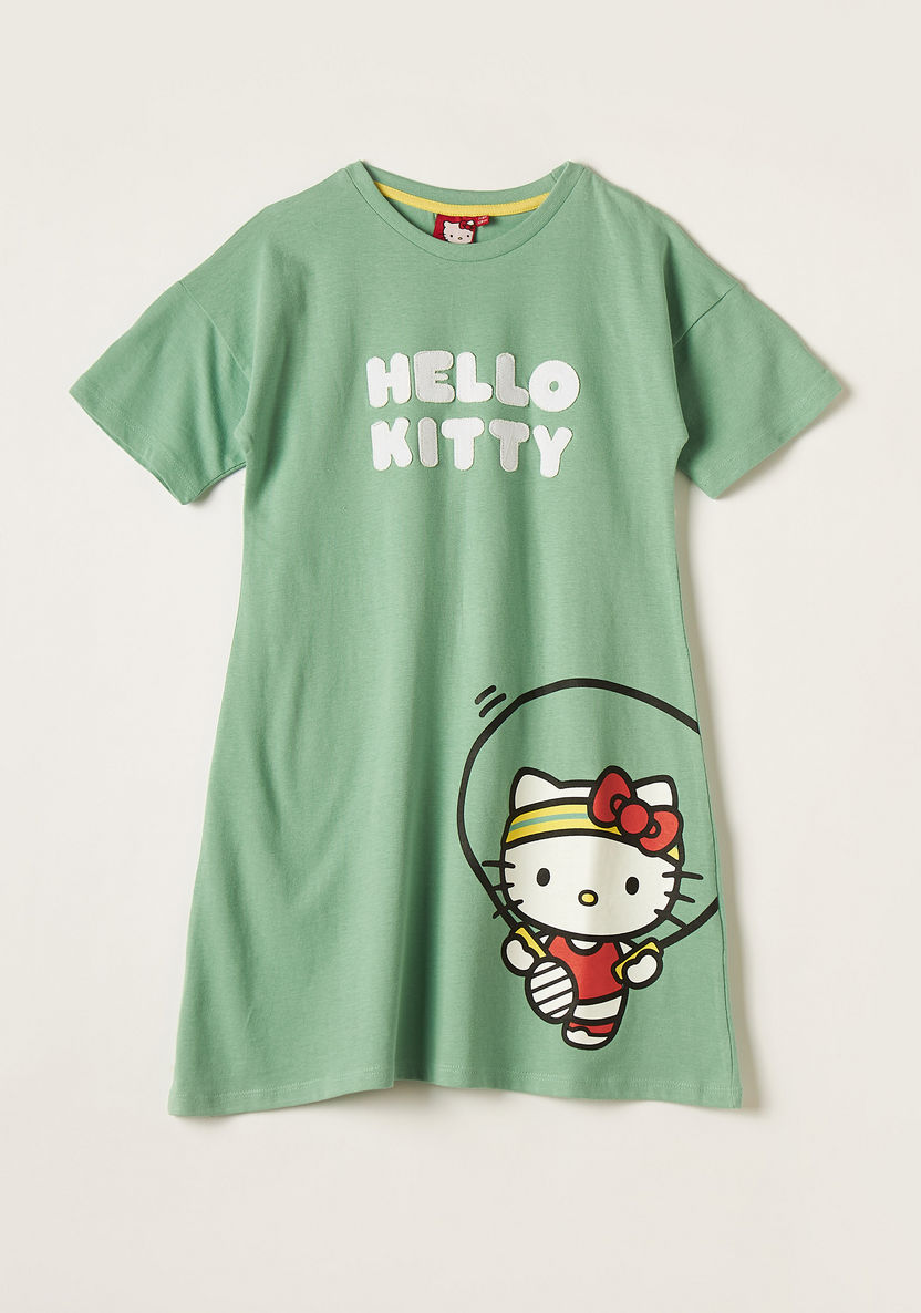 Sanrio Hello Kitty Print Dress with Round Neck and Short Sleeves-Dresses%2C Gowns and Frocks-image-0