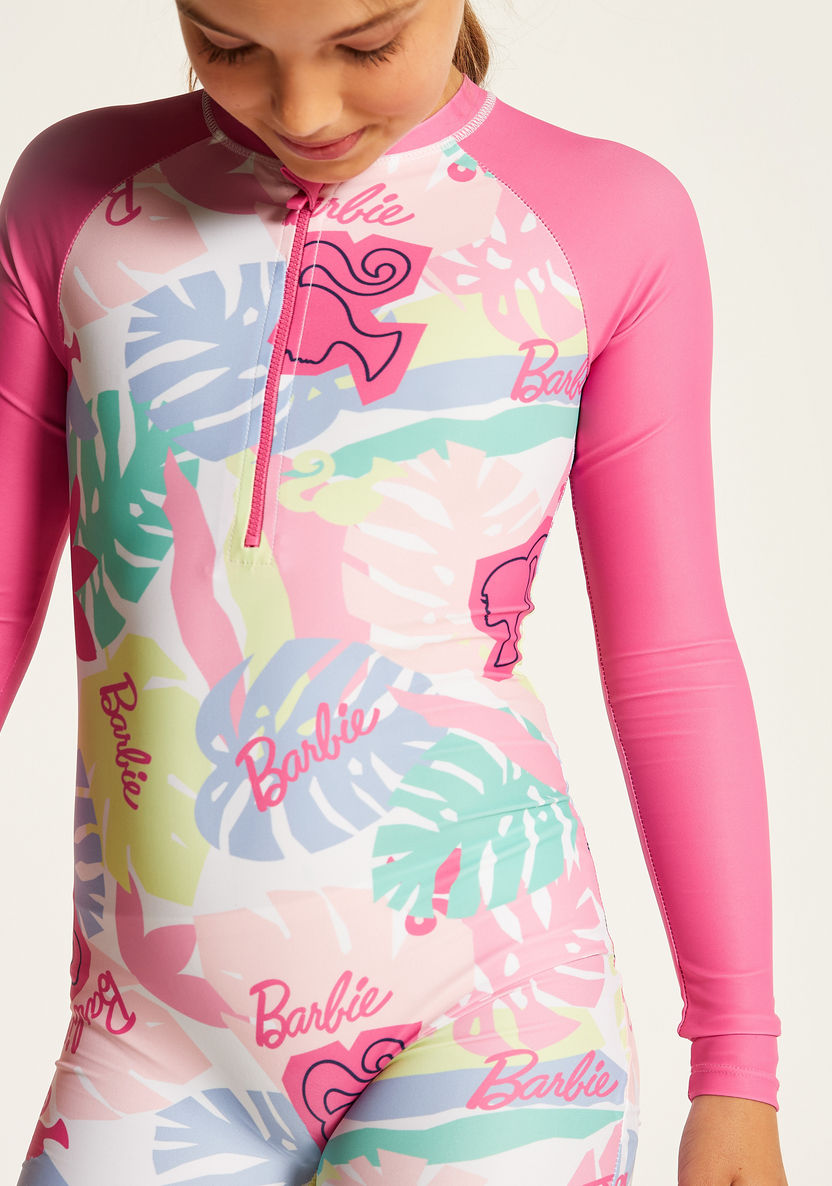 Barbie Print One-Piece Swimsuit with Long Sleeves and Zip Closure-Swimwear-image-2