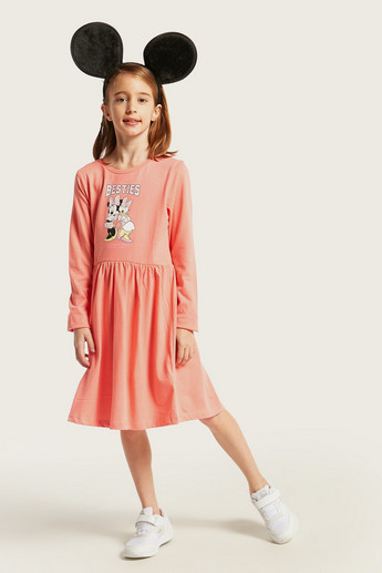Disney Minie Mouse Print A-line Dress with Long Sleeves