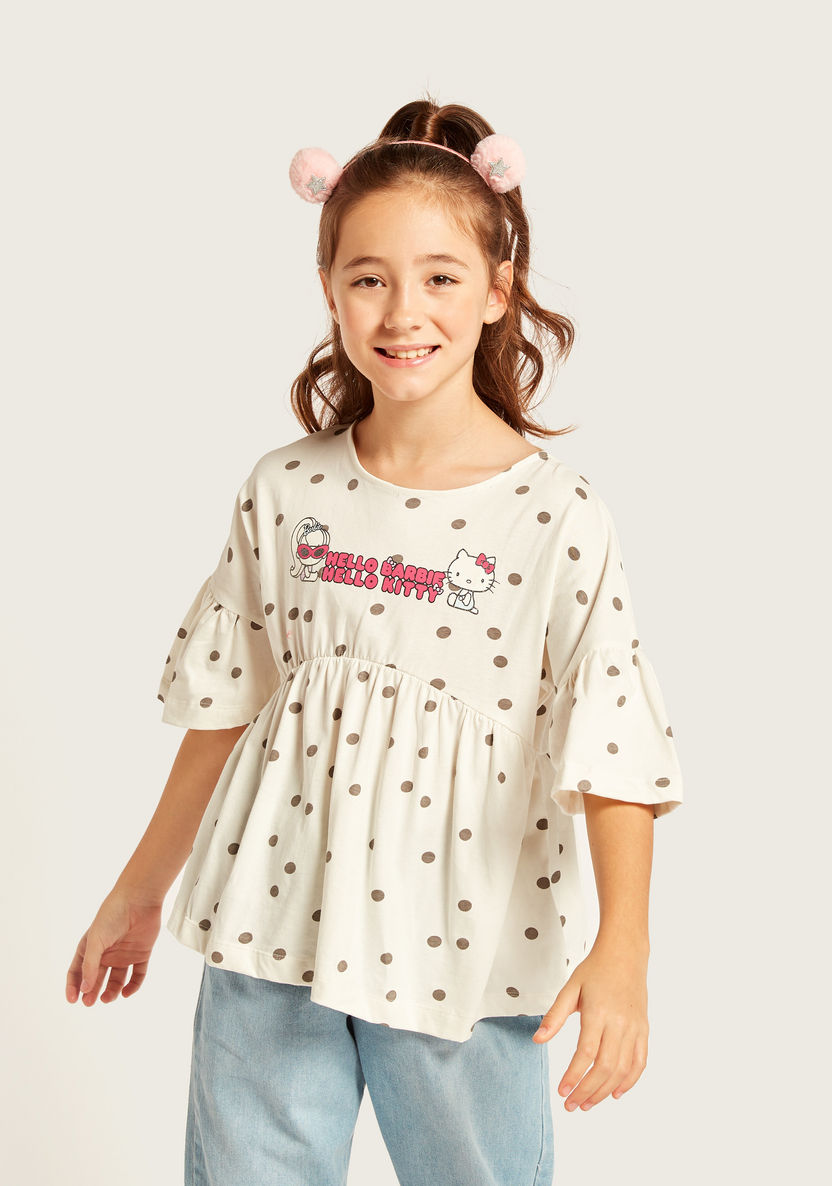 Sanrio Hello Kitty Print T-shirt with Round Neck and Half Sleeves-T Shirts-image-0