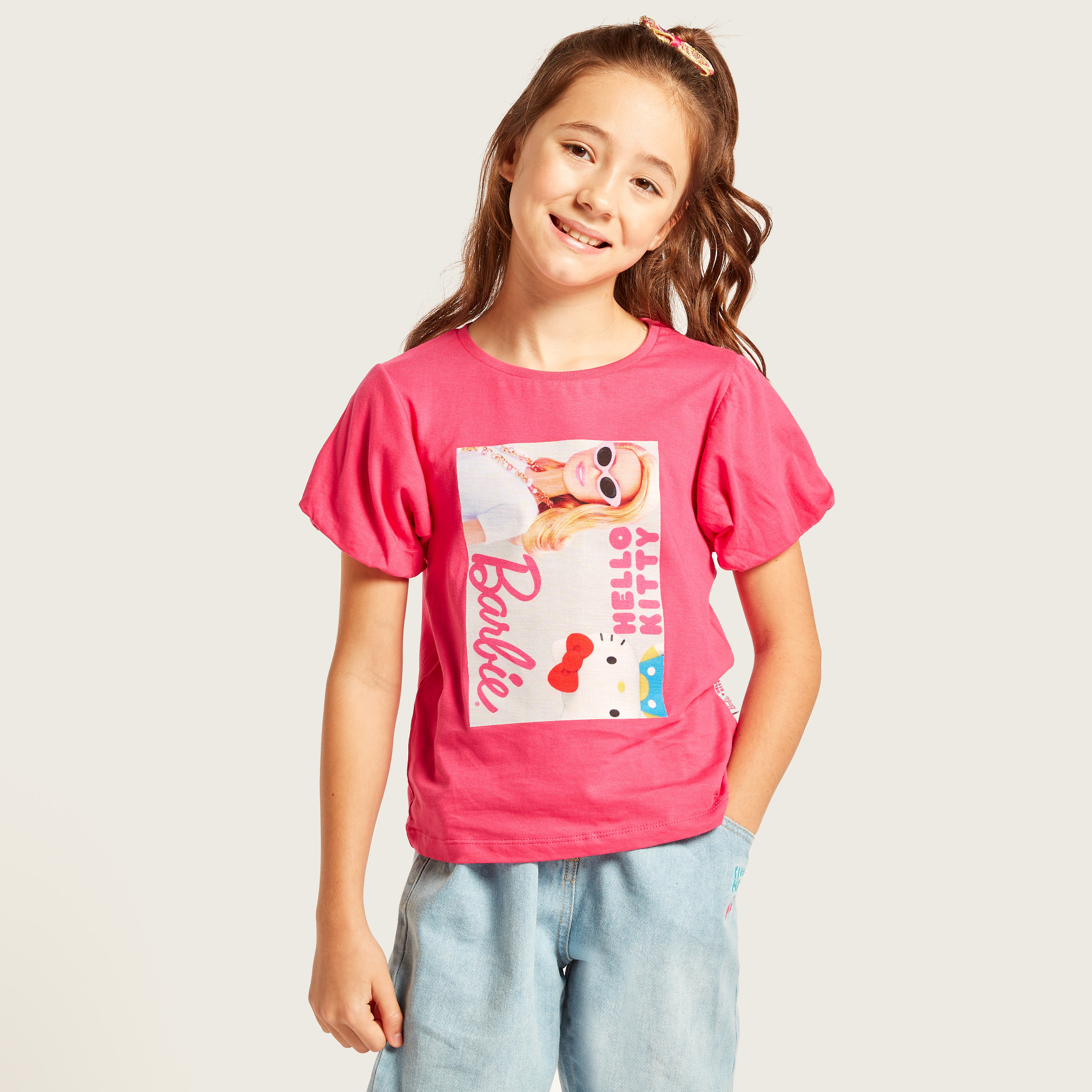 Sanrio Barbie Print Round Neck T-shirt with Balloon Sleeves-girls-clothing-schoolwear-tshirts-image-1