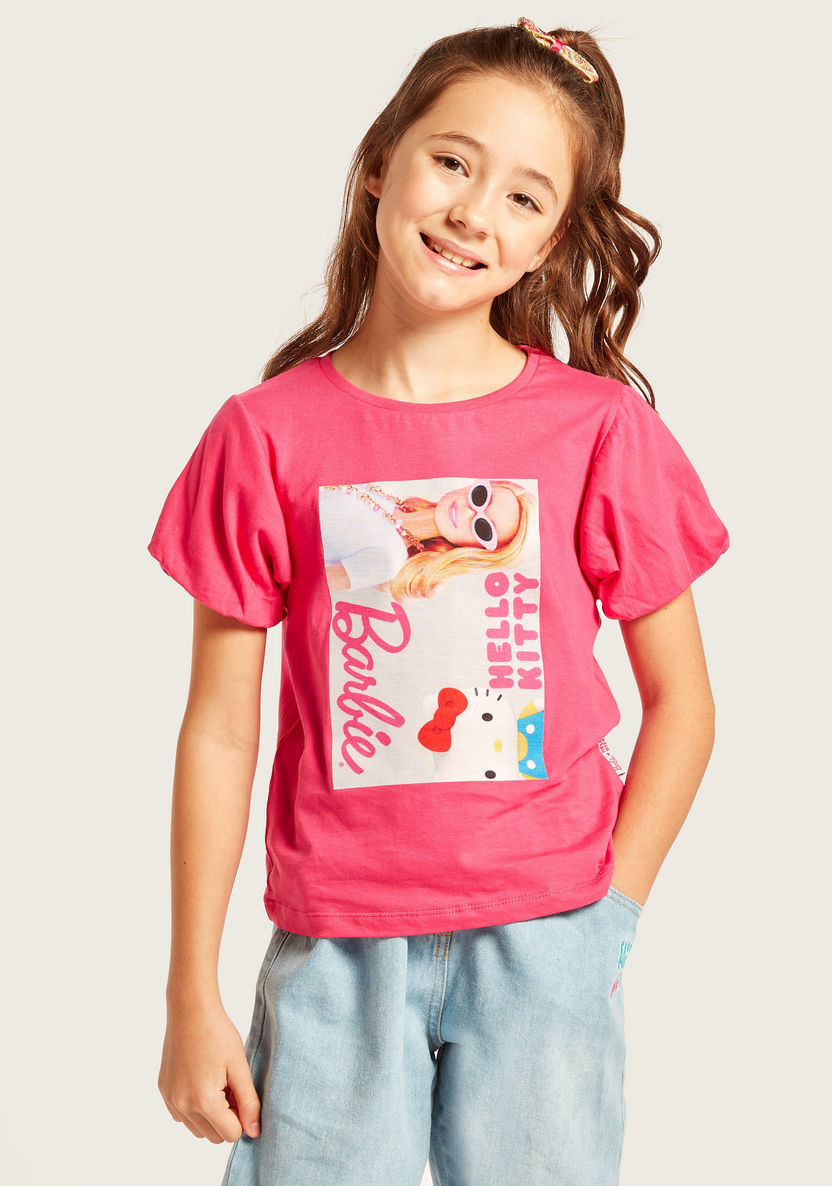 Sanrio Barbie Print Round Neck T-shirt with Balloon Sleeves-T Shirts-image-0