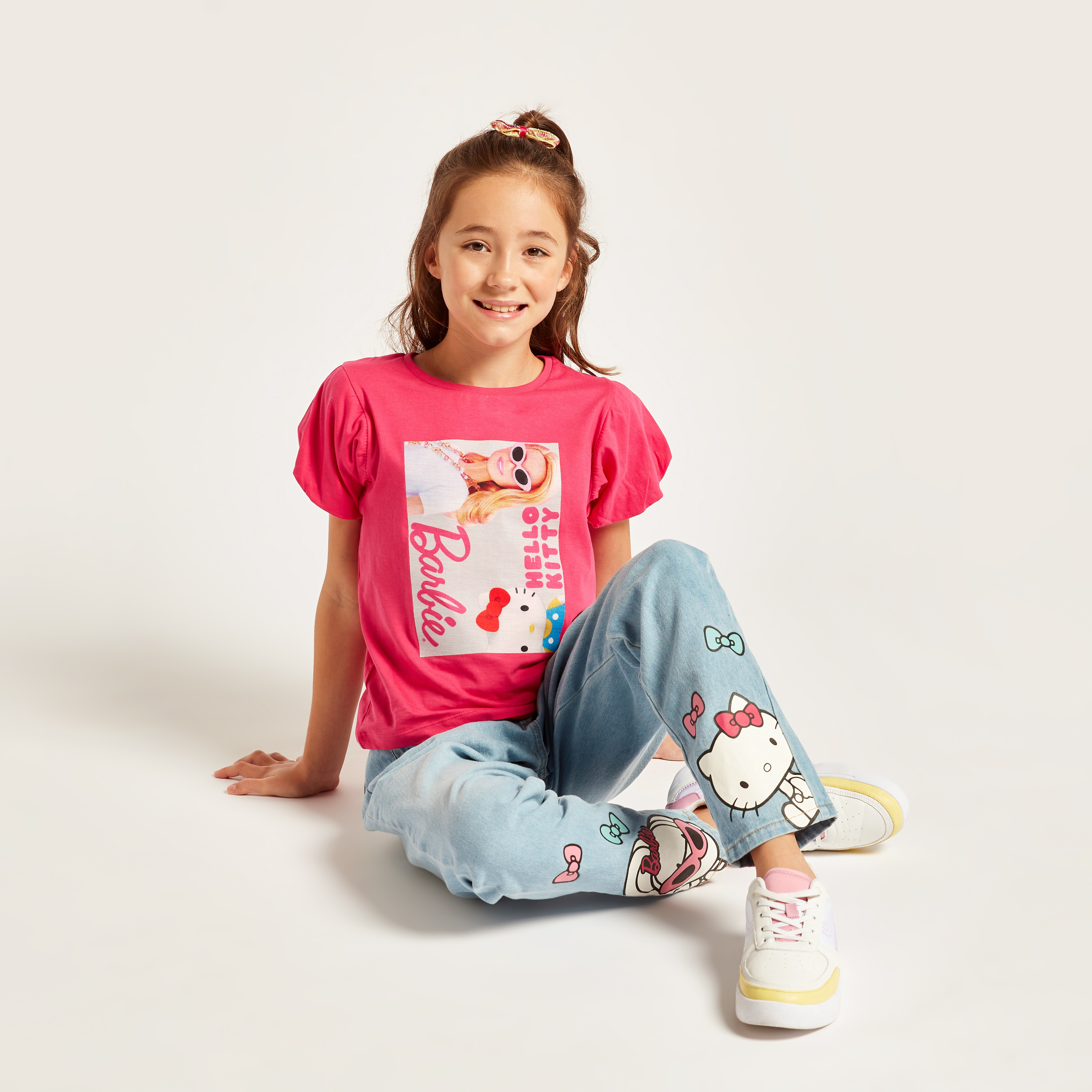 Sanrio Barbie Print Round Neck T-shirt with Balloon Sleeves-girls-clothing-schoolwear-tshirts-image-2