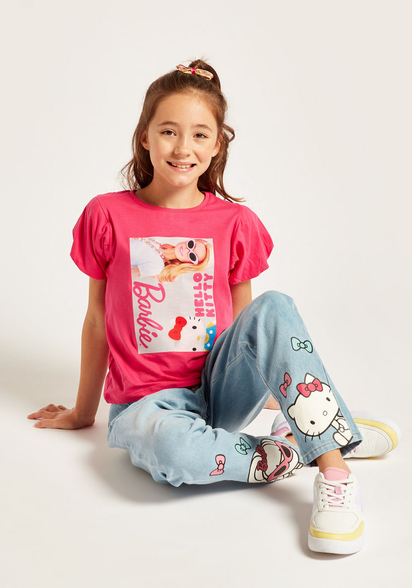 Sanrio Barbie Print Round Neck T-shirt with Balloon Sleeves-T Shirts-image-1