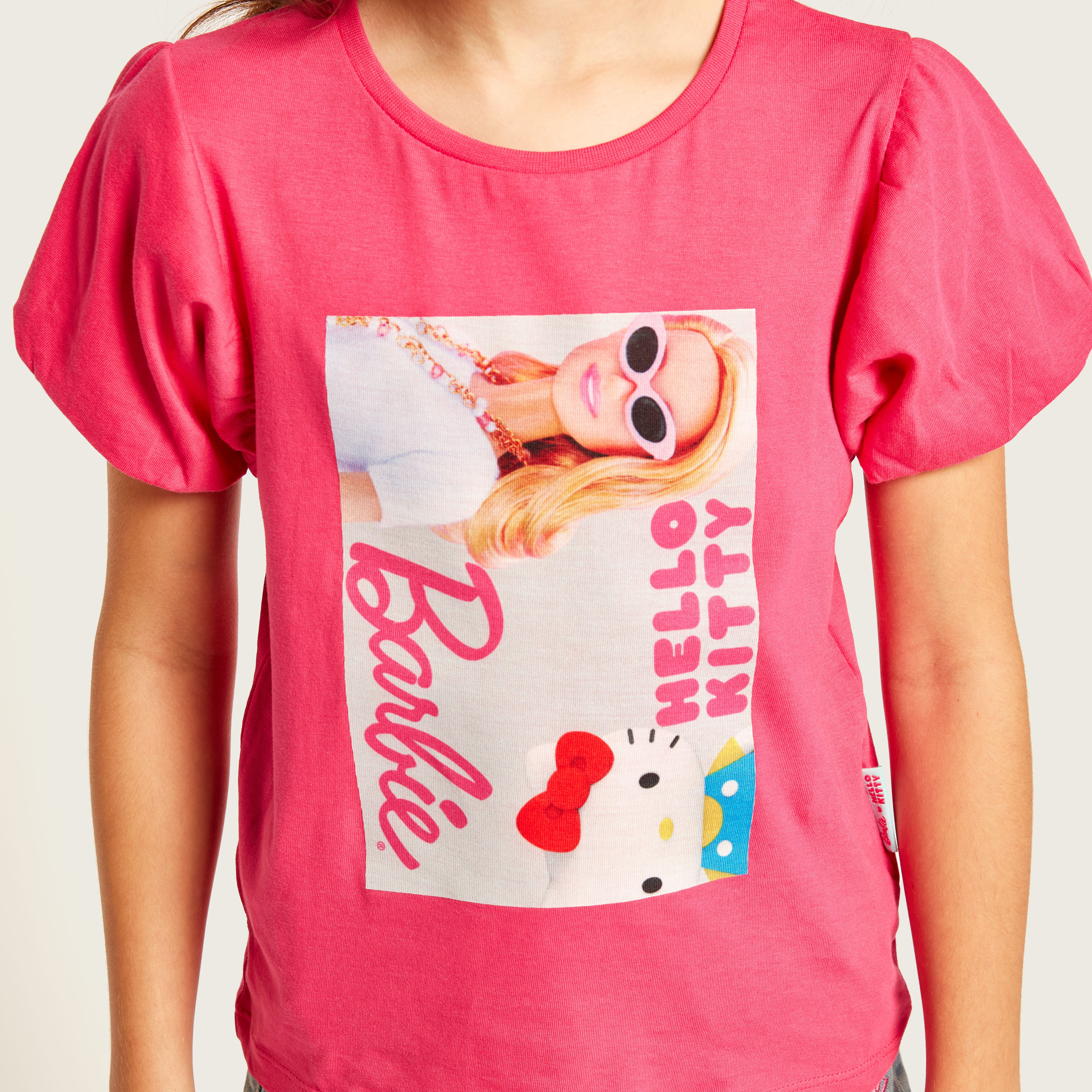 Sanrio Barbie Print Round Neck T-shirt with Balloon Sleeves-girls-clothing-schoolwear-tshirts-image-3