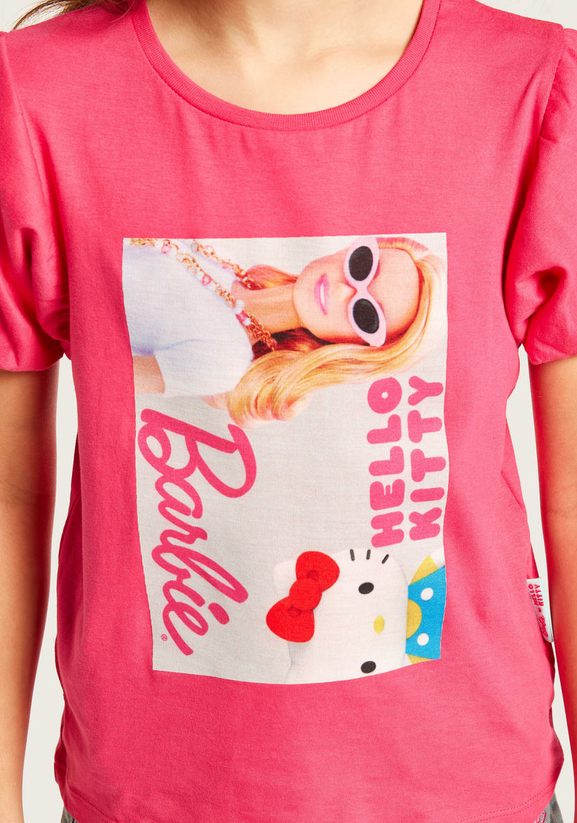 Sanrio Barbie Print Round Neck T-shirt with Balloon Sleeves-T Shirts-image-2