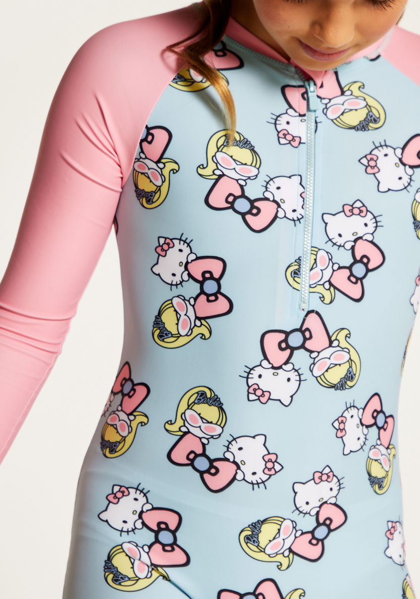 Sanrio Hello Kitty Print Swimsuit with Raglan Sleeves and Zip Closure-Swimwear-image-2