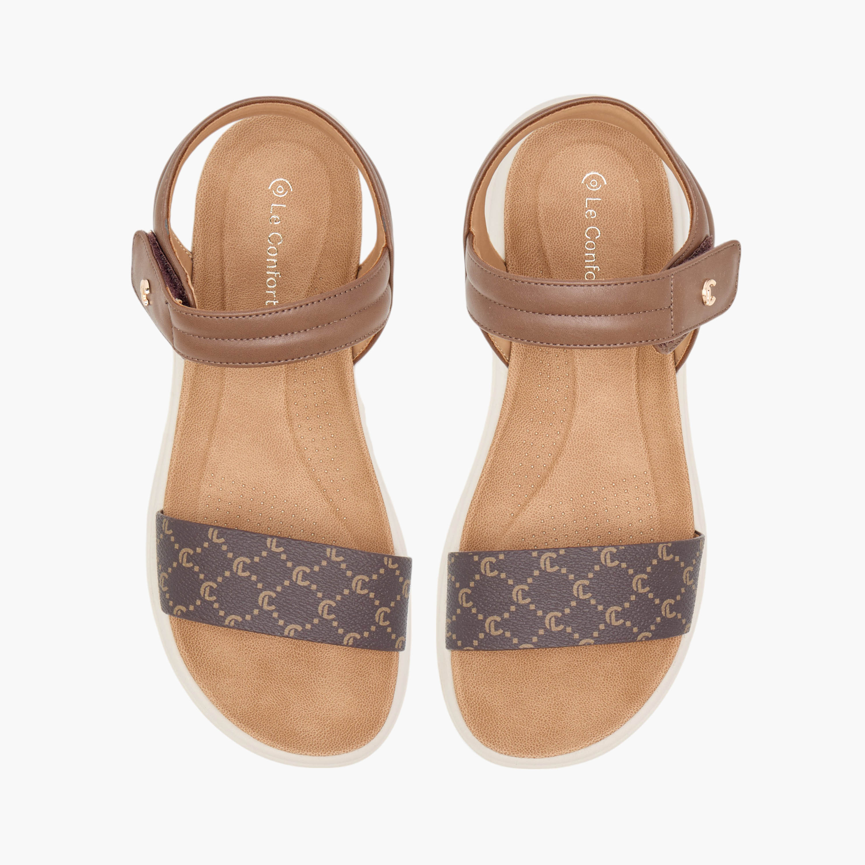 Le Confort Monogram Print Comfort Sandals with Hook and Loop Closure-women-shoes-flats-sandals-image-1