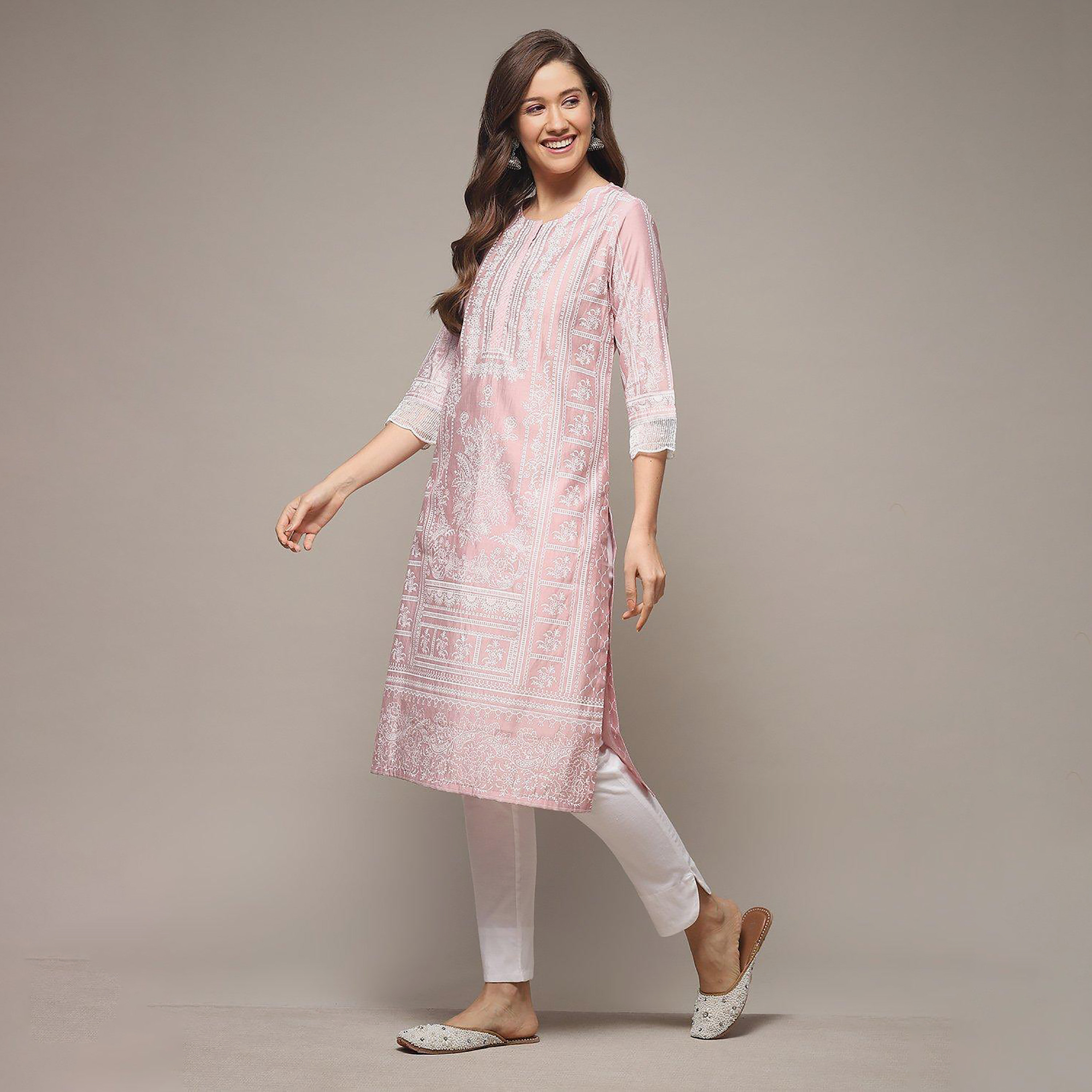 كورتا بيبا مستقيمة بياقة دائرية وطبعات مع مزين بشبكية على الأكمام-women-clothing-ethnicwear-dresses-image-3