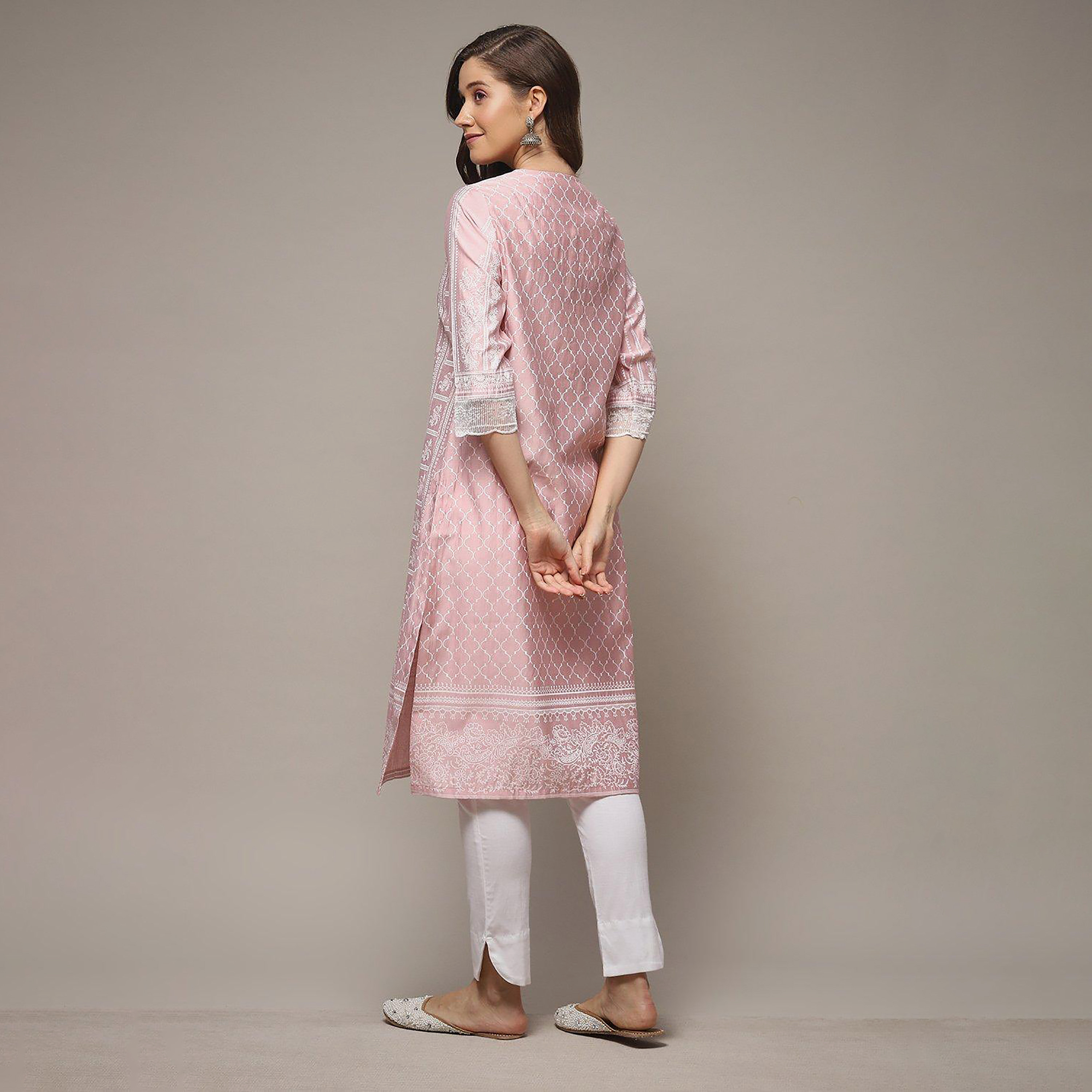 كورتا بيبا مستقيمة بياقة دائرية وطبعات مع مزين بشبكية على الأكمام-women-clothing-ethnicwear-dresses-image-5