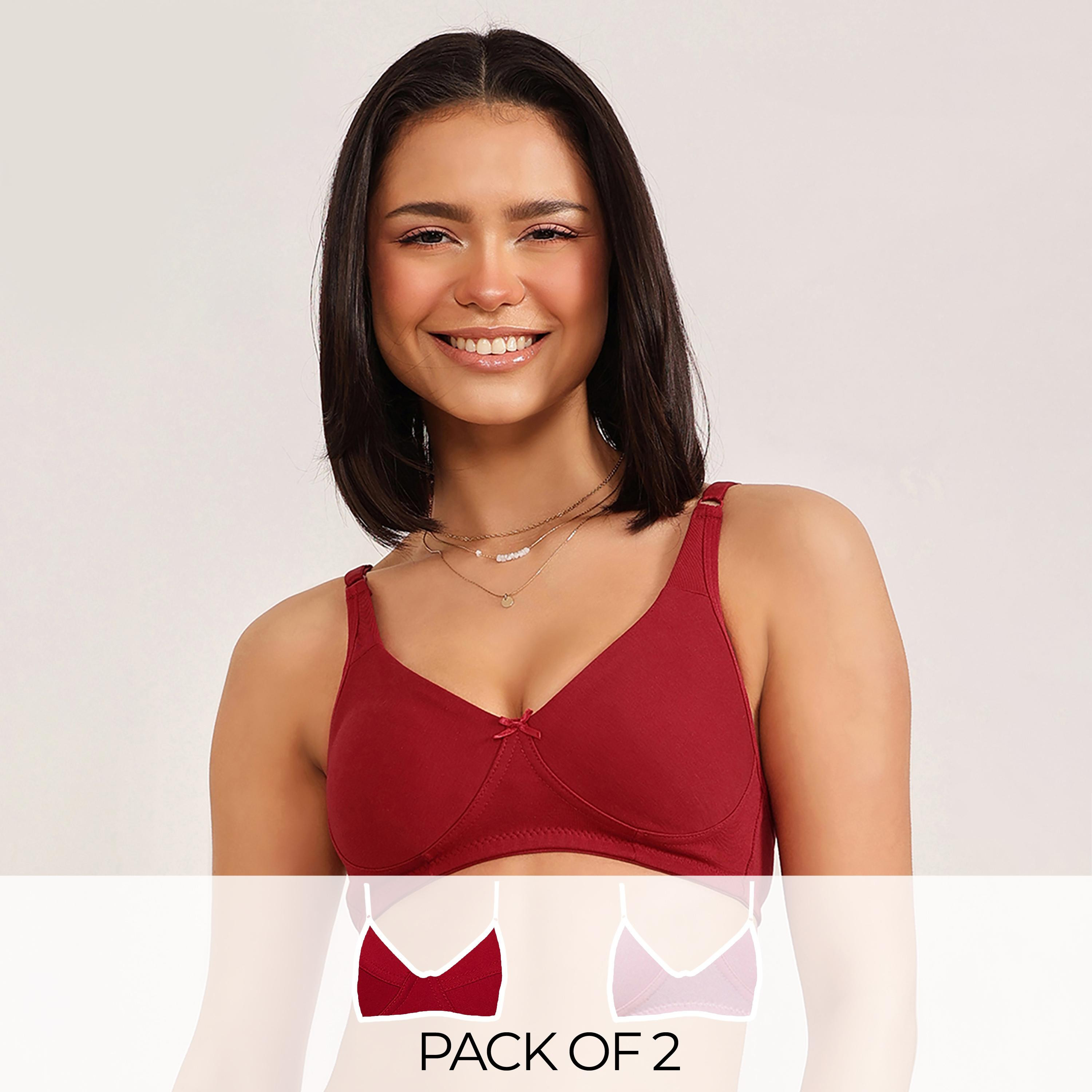 Clovia Pack of 2 Non-Padded Non-Wired Full Coverage Women's Bra with Double Layered Cups In Maroon | Light Pink - Cotton Rich-women-clothing-lingerie-bras-image-1