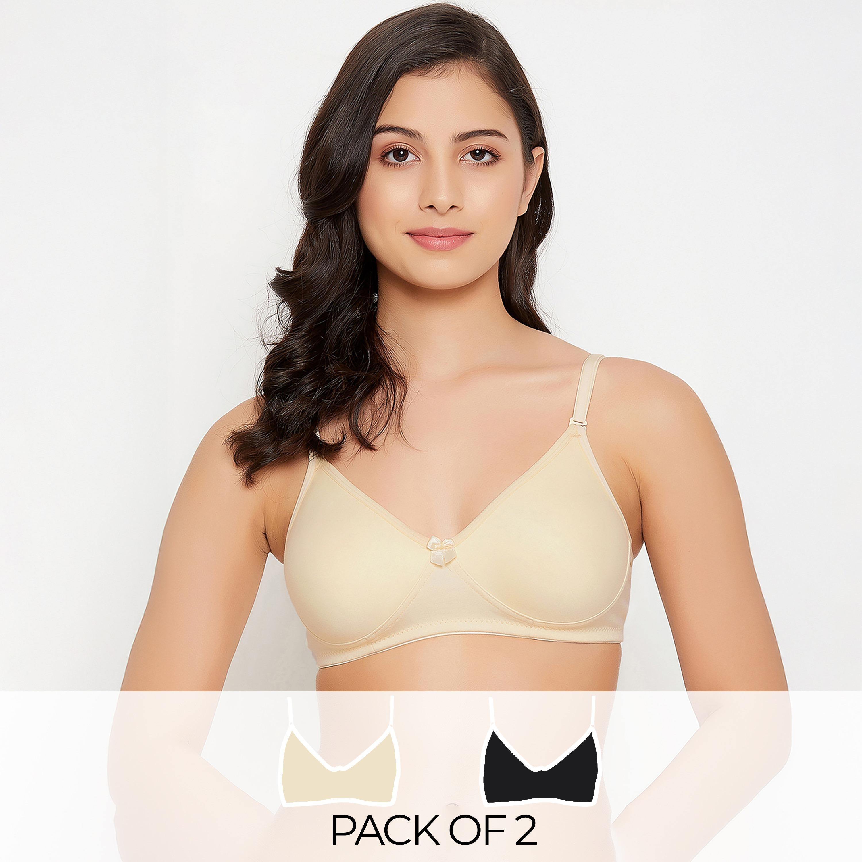 Clovia Pack of 2 Non-Padded Non-Wired Full Coverage Spacer Cup Multiway Women's T-Shirt Bra in Beige | Black - Cotton Rich-women-clothing-lingerie-bras-image-1